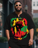 Men's Plus Size Juneteenth Fist Print Henley Collar Short Sleeve T-Shirt Shorts Suit